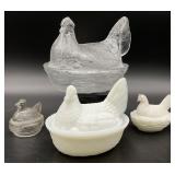 Four Glass Hen on Nest Figurines