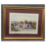 Framed Berry Pickers Colored Engraving