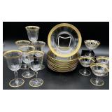 22pc Gold Rimmed Glass Plates & Stemware