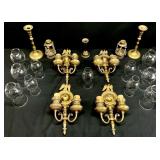 Antique Brass Wall Sconces w/Etched Glass Shades