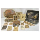 Antique Photos, Metal Trays, Rulers & Wood Box