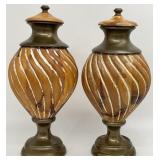 Pair of Spiral Cut Wood/Brass Urns