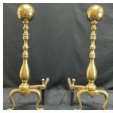 Pair Antique Solid Brass Cannonball Andirons