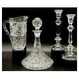 Glass Candle Holders, Pitcher, and Decanter