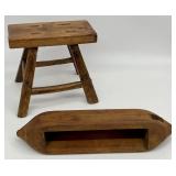 Small Primitive Stool & Antique Weaving Shuttle