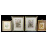 3 Botanical Prints & 1 Framed Dried Flower