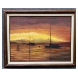 Framed Oil on Canvas of Boat Sunset