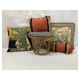 Rattan Footstool & Decorative Pillows