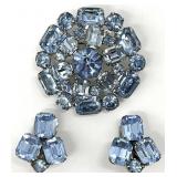 Weiss Blue Rhinestone Brooch & Earrings