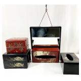 4pc Japanese Lacquer Stacking Boxes, Mirror & More