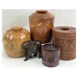 Hand Carved Wood Canisters & Elephant