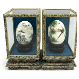 2pc Japanese Hand Painted Eggs in Display Cases