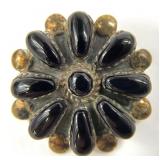 Signed Sterling Black Stone Flower Brooch Pendant