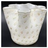 Murano White Bubbles Gold Flecks Art Glass Vase