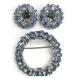 Warner & Weiss Blue Rhinestone Brooch & Earrings