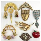 6 Vintage Jewelry Brooches, Some Signed