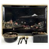 Japanese Hand Painted Black Lacquer Serving Set