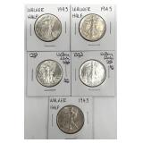 5 High Grade 1943 Walking Liberty Half Dollars
