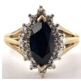 14K Gold, Black & Clear Stone Ring, Sz 5