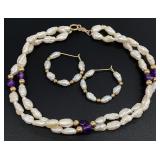 14K Gold Pearl Bracelet & Hoop Earrings