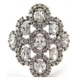 10K White Gold Filigree Clear Stone Ring, Sz 8.5