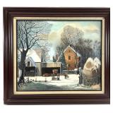 Framed Oil on Canvas Winter Farm Scene