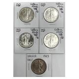 5 High Grade 1943 Walking Liberty Half Dollars