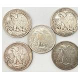 5 Walking Liberty Half Dollars