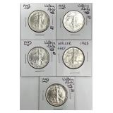 5 High Grade 1943 Walking Liberty Half Dollars