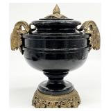 AS IS Antique Black Marble & Brass Ram's Head Urn