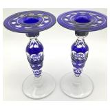 2 Cobalt Blue Cut To Clear Glass Candlesticks