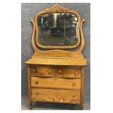 Antique Oak 2 Over 2 Chest w/ Mirror