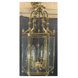 Hexagonal Brass & Paneled Glass 6-Light Chandelier