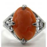 10K White Gold Coral Cameo Ring, Sz 6
