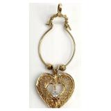 14K Gold Clear Stone Filigree Heart Pendant
