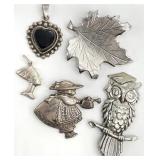 5pc Sterling Silver Brooches & Pendants