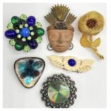 6 Vintage Jewelry Brooches, Some Signed