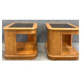 Pair Oak Glass Insert End Tables