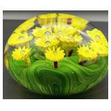 Vintage Yellow Floral Art Glass Paperweight