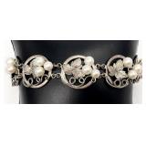 Vintage Silver & Akoya Pearl Grape Leaf Bracelet