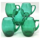 5 Vintage Green Crackle Glass Mugs