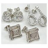 3 Pair Sterling Silver Clear Stone Earrings