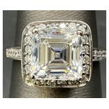 Sterling Silver Clear Stone Square Halo Ring, Sz 6