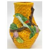 Asian Pottery Bird on Branch Basketweave Vase