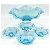 Vintage Blue Opalescent Ruffle Glass Bowl Set