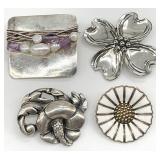 4 Vintage Signed Sterling Silver Brooches