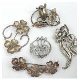 5 Sterling Silver Floral Brooches