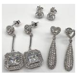 3 Pair Sterling Silver Clear Stone Earrings