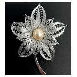 Vintage Silver & Akoya Cultured Pearls Brooch