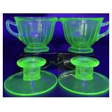 4pc Uranium Glass Candlesticks & Creamers